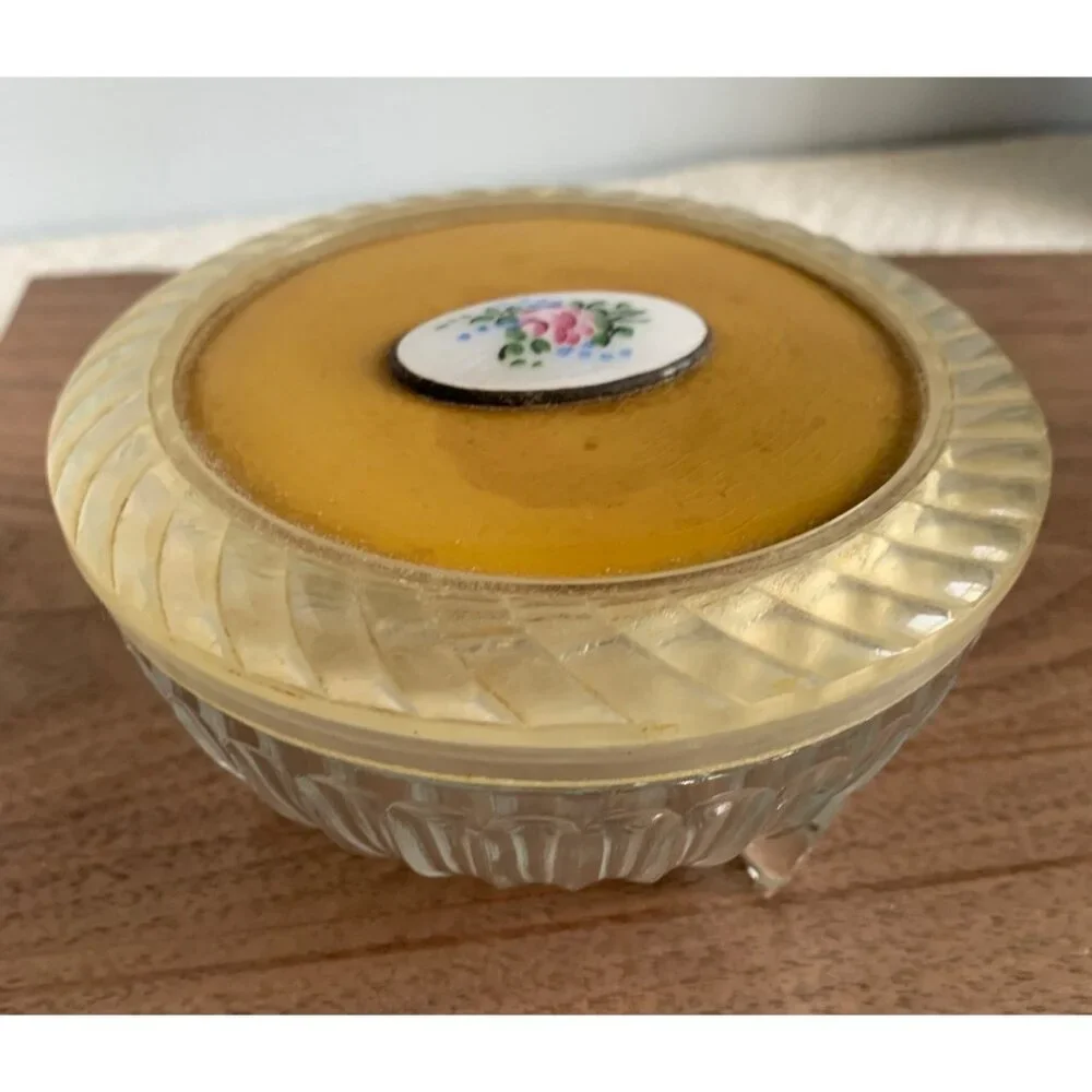 Vintage Dresser Powder Glass Round Footed Jar with Lid
